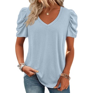 ATHMILE Womens Blouse Dressy Casual V Neck Puff Short Sleeve Tshirts Boho Fashion Summer Spring Tunic Top Clothes(Ice Blue)