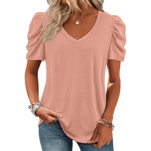 ATHMILE Womens Blouse Dressy Casual V Neck Puff Short Sleeve Tshirts Boho Fashion Summer Spring Tunic Top Clothes(Pink)