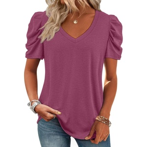 ATHMILE Womens Blouse Dressy Casual V Neck Puff Short Sleeve Tshirts Boho Fashion Summer Spring Tunic Top Clothes(Purple Red)