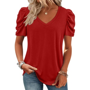ATHMILE Womens Blouse Dressy Casual V Neck Puff Short Sleeve Tshirts Boho Fashion Summer Spring Tunic Top Clothes(Red)