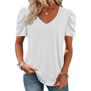 ATHMILE Womens Blouse Dressy Casual V Neck Puff Short Sleeve Tshirts Boho Fashion Summer Spring Tunic Top Clothes(White)