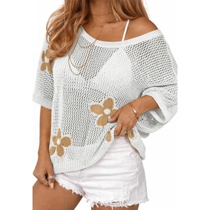 ATHMILE Womens Floral Spring Tops Summer Fashion Shirts Short Sleeve Beach Vacation Crochet Knit Sweater Lightweight Pullover(White)