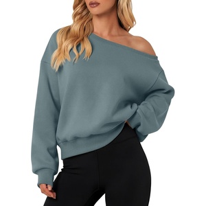 ATHMILE Womens Off the Shoulder Fleece Sweatshirt Crop Top Long Sleeve Pullover Comfy Sexy Y2K Casual Fall Outfits 2026(Gray Blue)