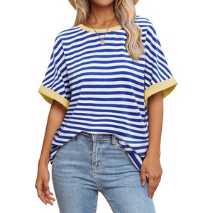 ATHMILE Womens Oversized T Shirts Summer Tops Spring Casual Loose Fit Workout Short Sleeve 2026 Beach Vacation(Striped (Blue & White))