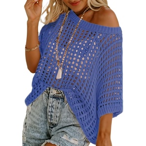 ATHMILE Womens Short Sleeve Sweaters Scoop Neck Summer Beach Cover up Casual Crochet Hollow Out Knit Tops Pullover Shirts(Blue)