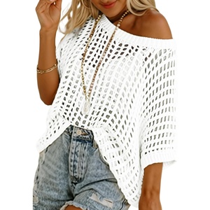 ATHMILE Womens Short Sleeve Sweaters Scoop Neck Summer Beach Cover up Casual Crochet Hollow Out Knit Tops Pullover Shirts(White)
