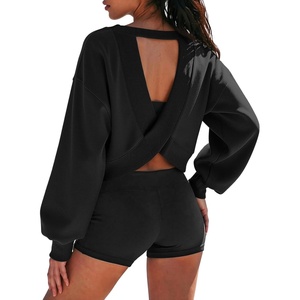 ATHMILE Womens V Neck Sweatshirt Open Back Crop Top Long Sleeve Fashion Sexy Y2K Casual Fall Clothes 2026(Black)