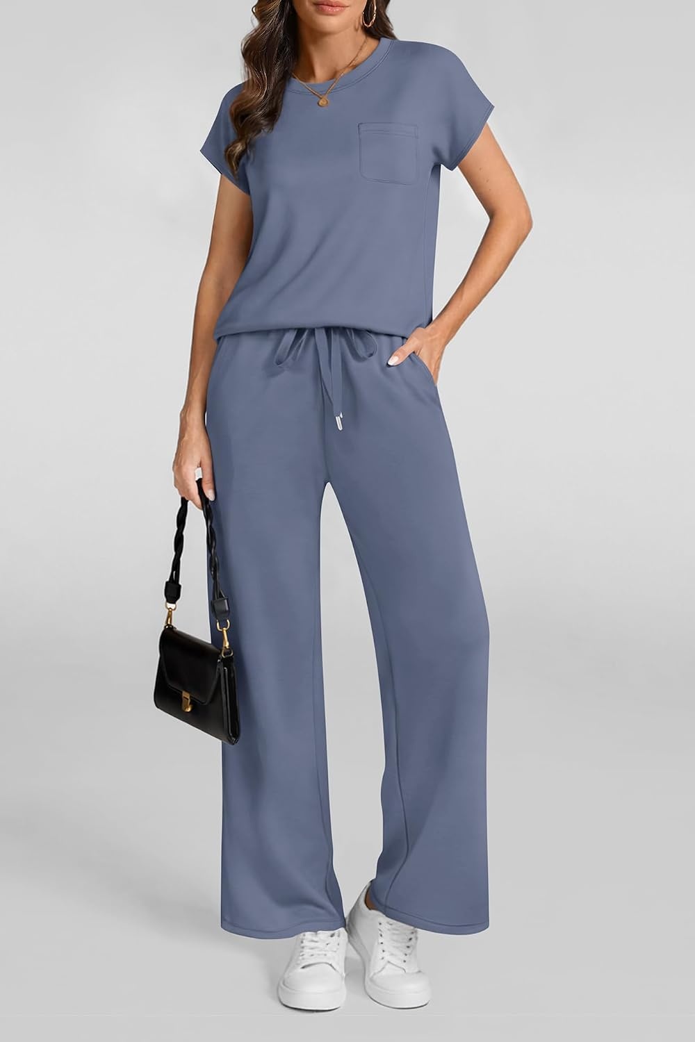 image:imageATHMILE Womens 2 Piece Lounge Set Fashion Travel Outfits Summer Beach Vacation Tracksuit Comfy Wide Leg Airport LoungewearZblue