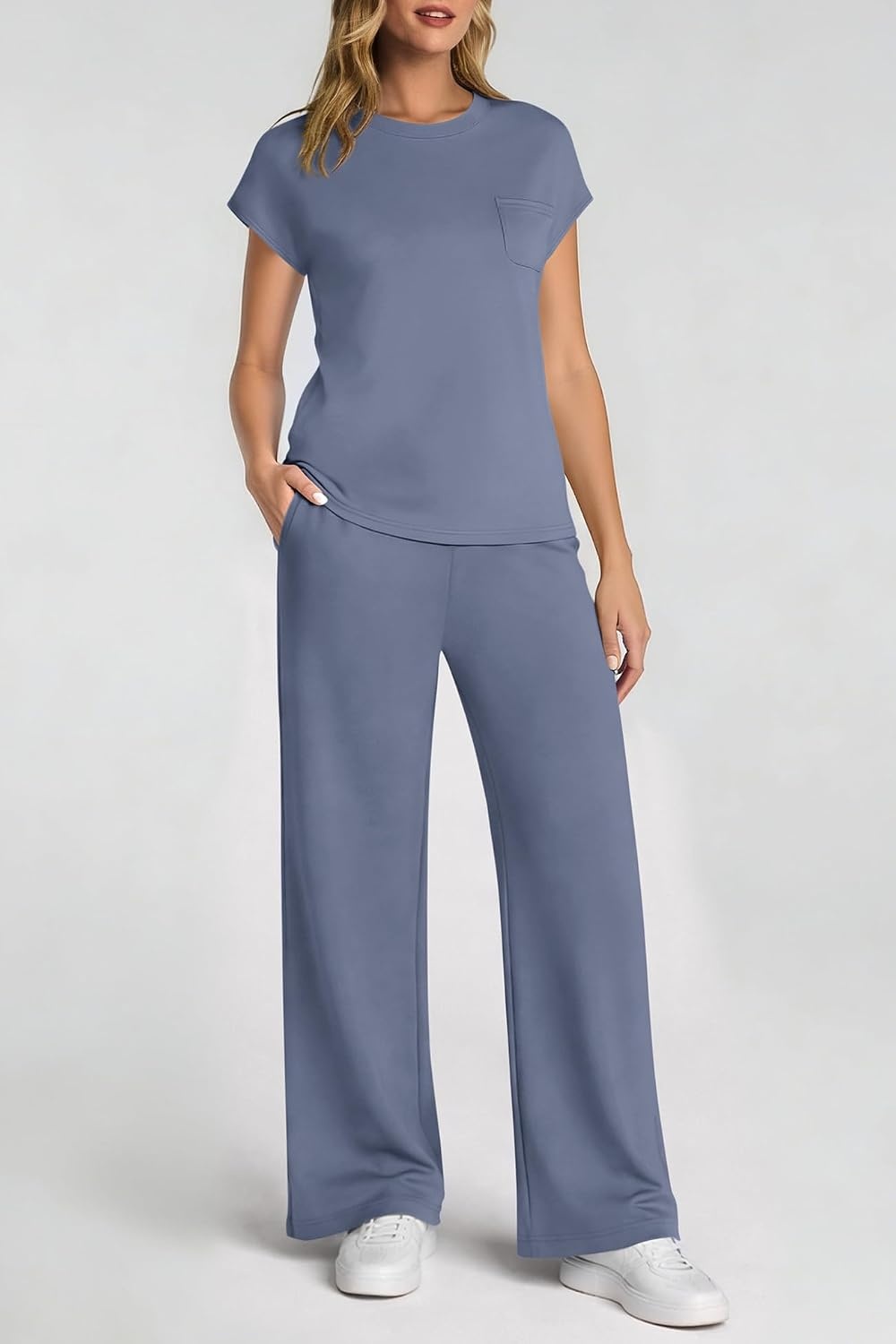 image:imageATHMILE Womens 2 Piece Lounge Set Fashion Travel Outfits Summer Beach Vacation Tracksuit Comfy Wide Leg Airport LoungewearZblue