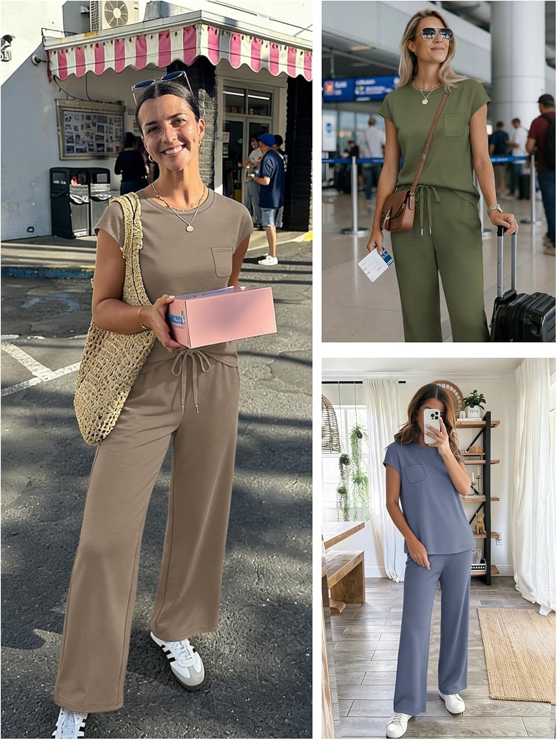 image:imageATHMILE Womens 2 Piece Lounge Set Fashion Travel Outfits Summer Beach Vacation Tracksuit Comfy Wide Leg Airport LoungewearZcoffee