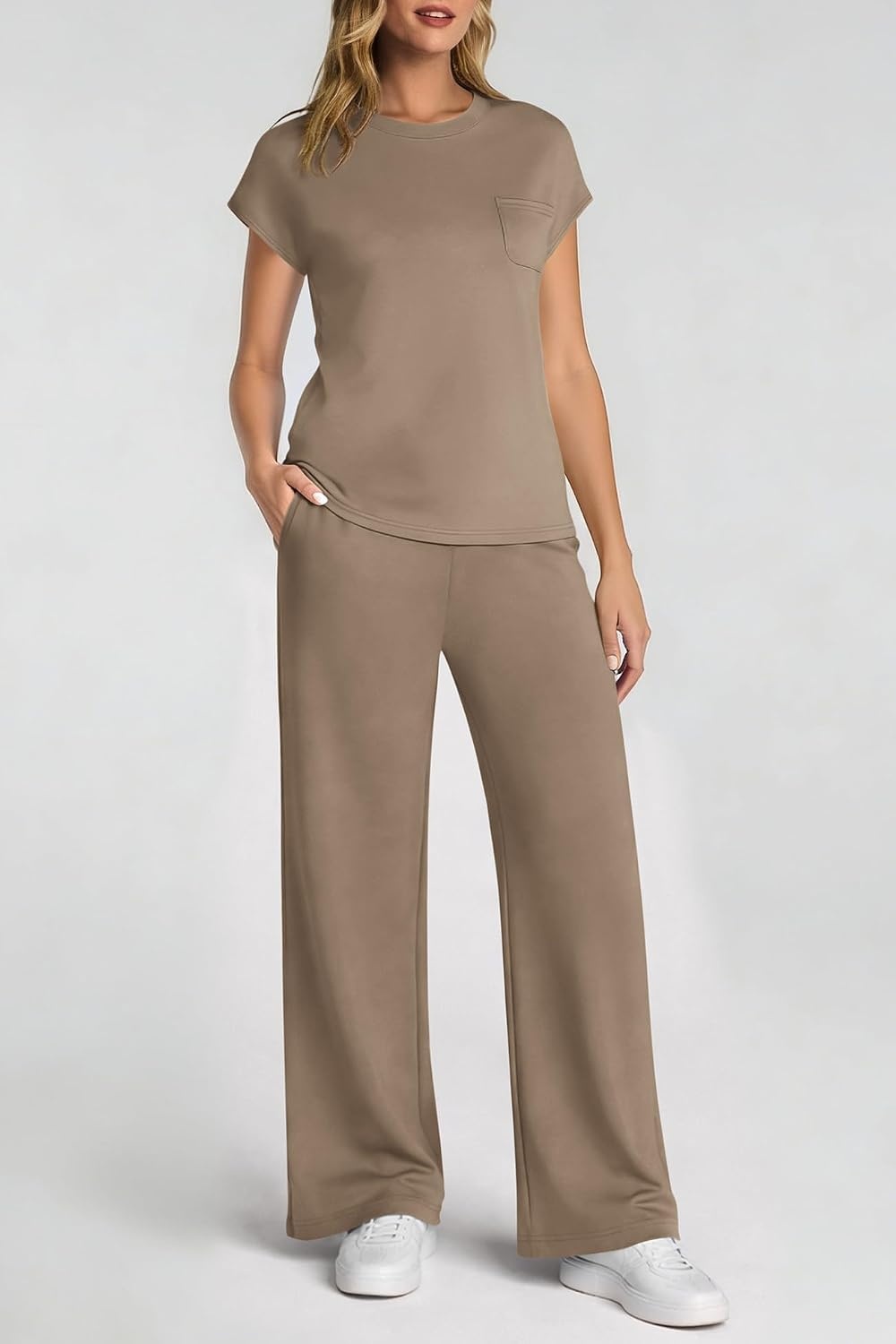 image:imageATHMILE Womens 2 Piece Lounge Set Fashion Travel Outfits Summer Beach Vacation Tracksuit Comfy Wide Leg Airport LoungewearZcoffee