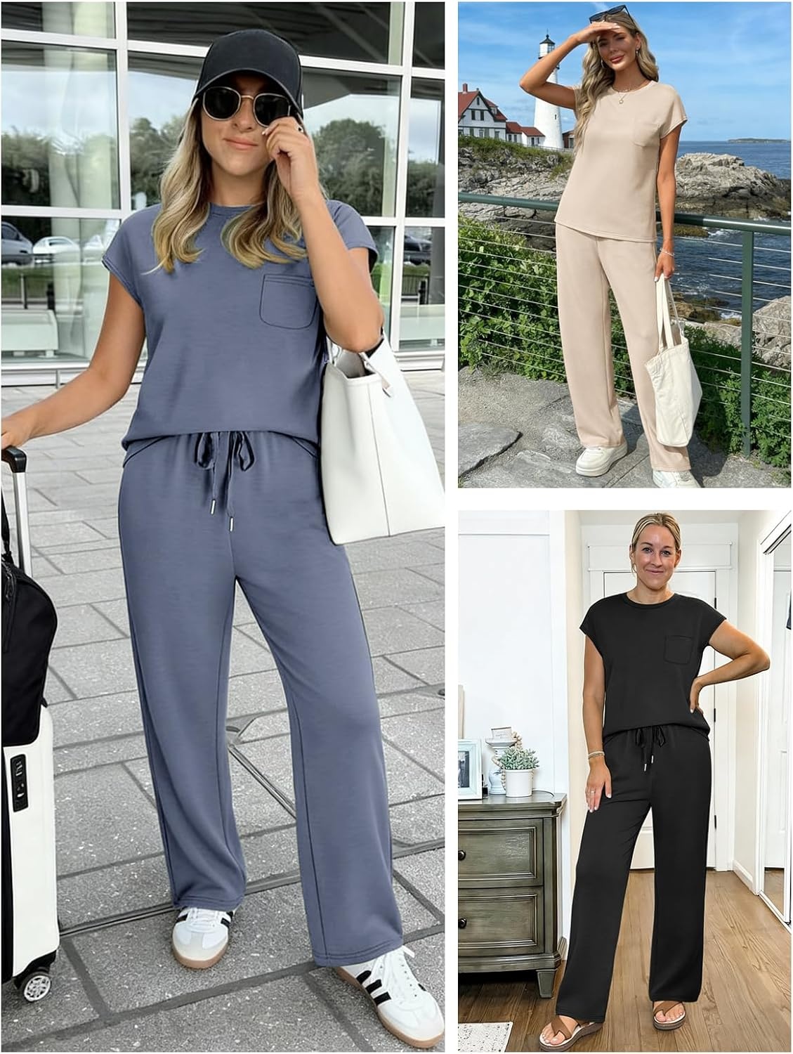 image:imageATHMILE Womens 2 Piece Lounge Set Fashion Travel Outfits Summer Beach Vacation Tracksuit Comfy Wide Leg Airport LoungewearZcoffee