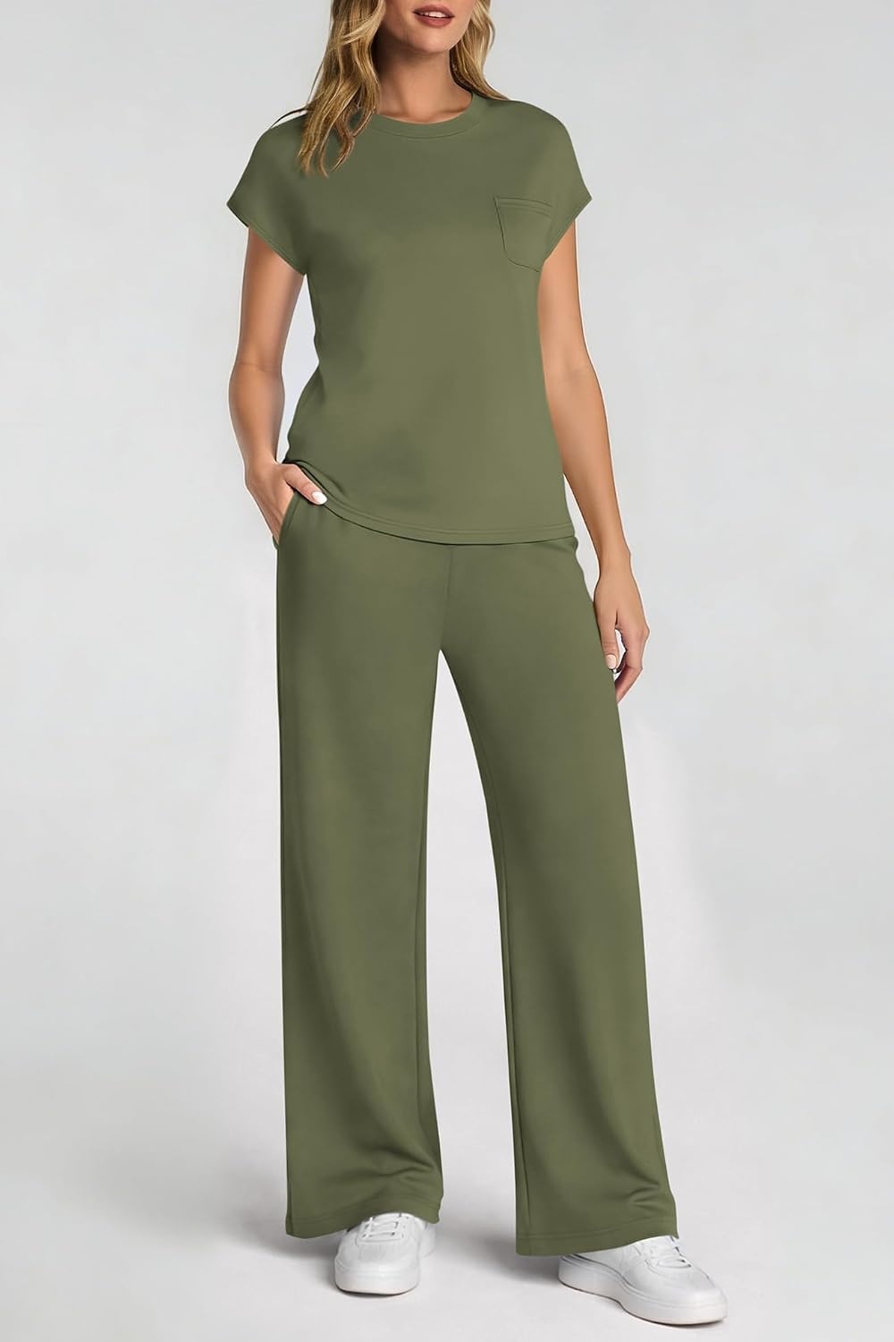 image:imageATHMILE Womens 2 Piece Lounge Set Fashion Travel Outfits Summer Beach Vacation Tracksuit Comfy Wide Leg Airport LoungewearZgreen
