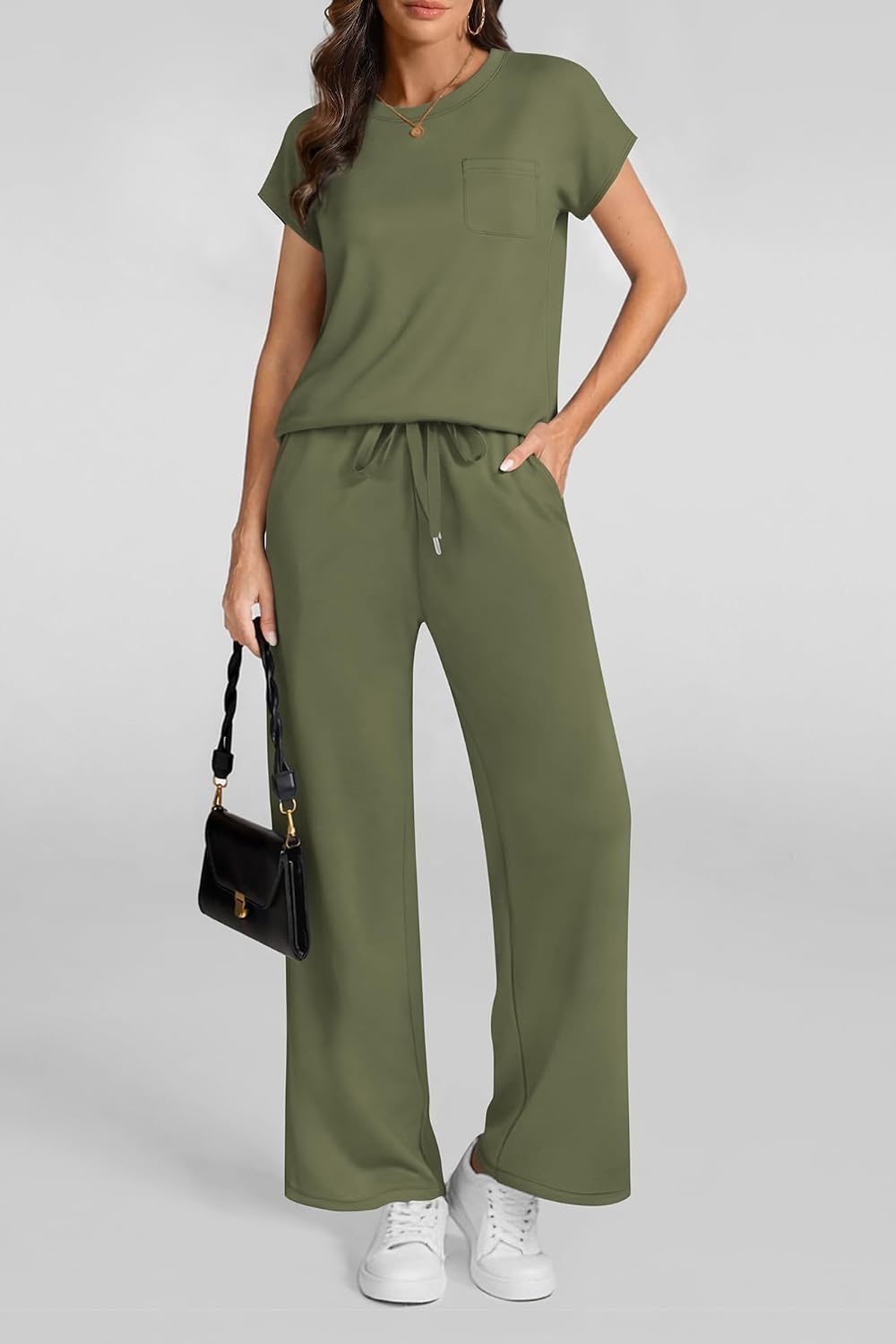 image:imageATHMILE Womens 2 Piece Lounge Set Fashion Travel Outfits Summer Beach Vacation Tracksuit Comfy Wide Leg Airport LoungewearZgreen