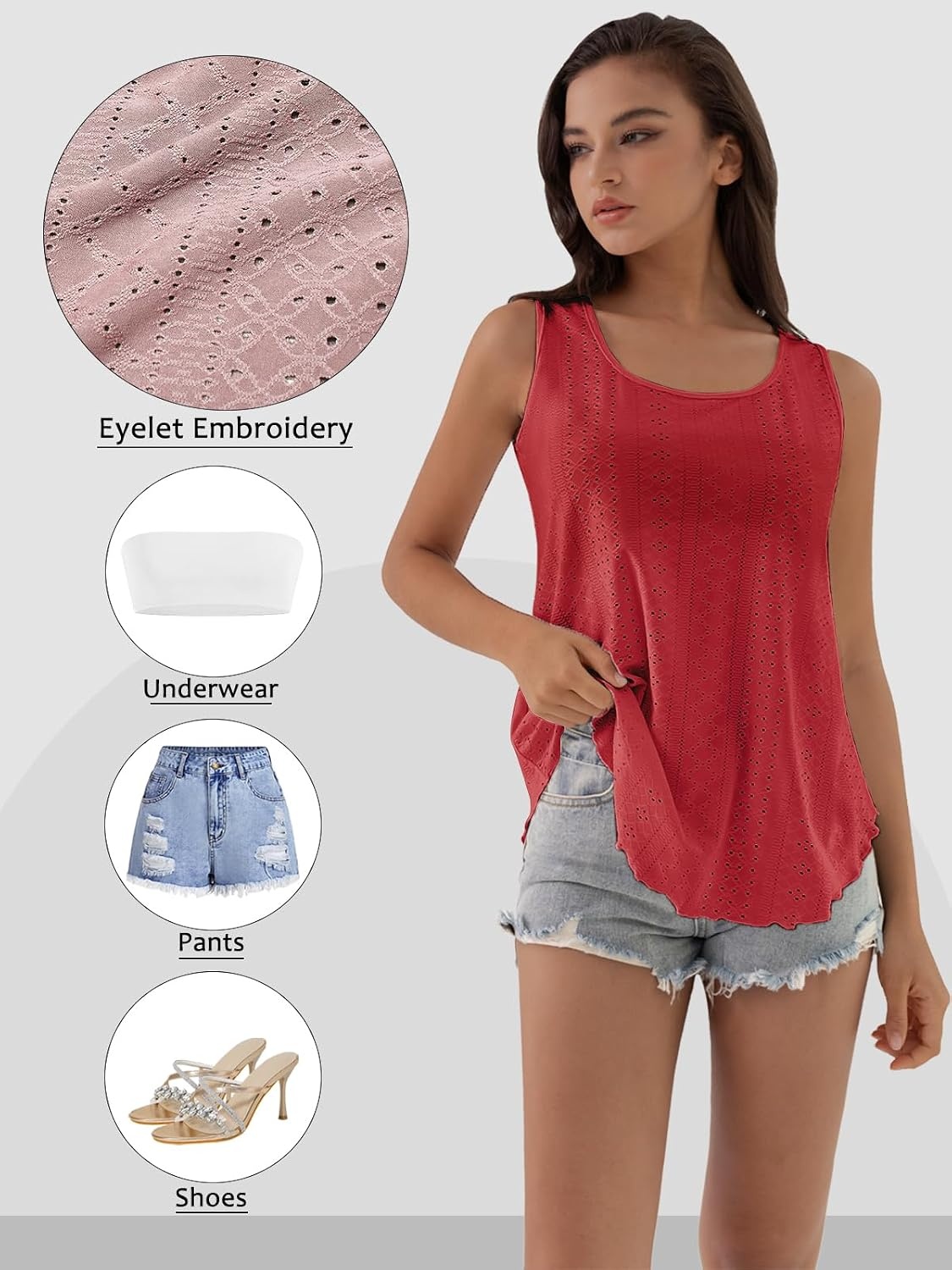 image:imageATHMILE Womens Tank Tops Sleeveless Eyelet Embroidery Scoop Neck Loose Fit Casual Summer Flowy Beach Red