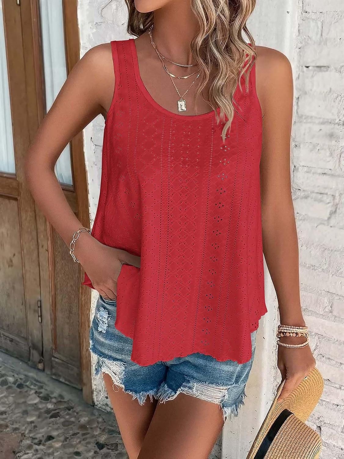 image:imageATHMILE Womens Tank Tops Sleeveless Eyelet Embroidery Scoop Neck Loose Fit Casual Summer Flowy Beach Red