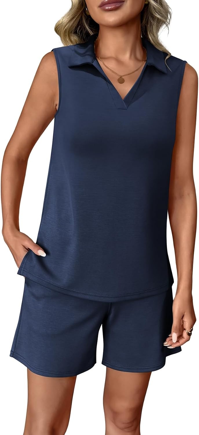 image:imageATHMILE Womens Two Piece Short Sets Summer V Neck Travel Outfits Sweatsuits Sleeveless Lounge Sets TracksuitNavy