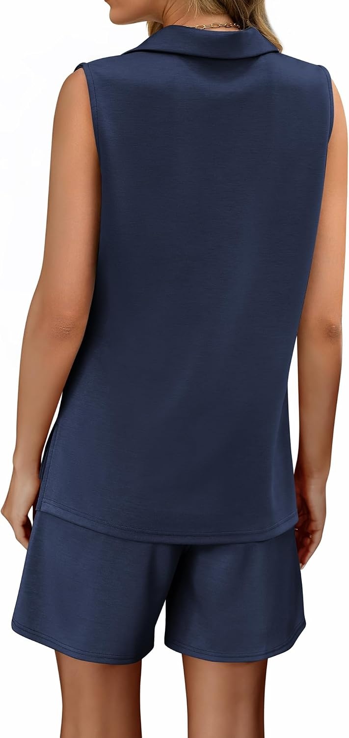 image:imageATHMILE Womens Two Piece Short Sets Summer V Neck Travel Outfits Sweatsuits Sleeveless Lounge Sets TracksuitNavy