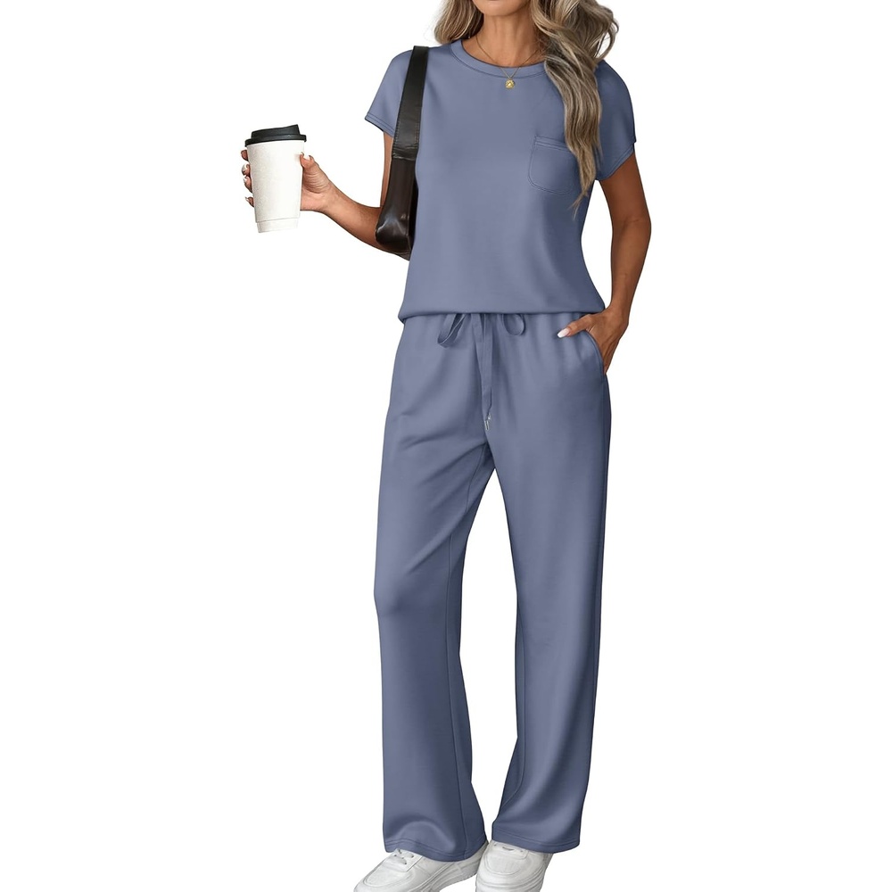 image:imageATHMILE Womens 2 Piece Lounge Set Fashion Travel Outfits Summer Beach Vacation Tracksuit Comfy Wide Leg Airport LoungewearZblue