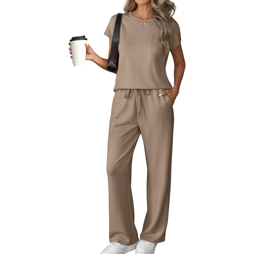 image:imageATHMILE Womens 2 Piece Lounge Set Fashion Travel Outfits Summer Beach Vacation Tracksuit Comfy Wide Leg Airport LoungewearZcoffee