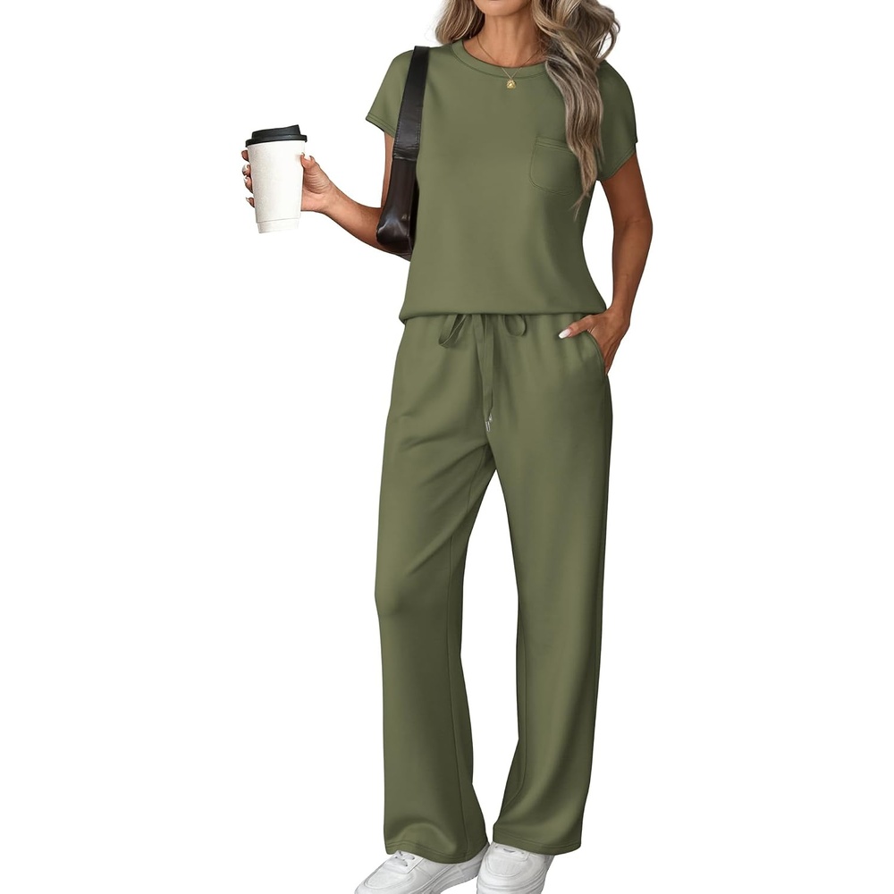 image:imageATHMILE Womens 2 Piece Lounge Set Fashion Travel Outfits Summer Beach Vacation Tracksuit Comfy Wide Leg Airport LoungewearZgreen