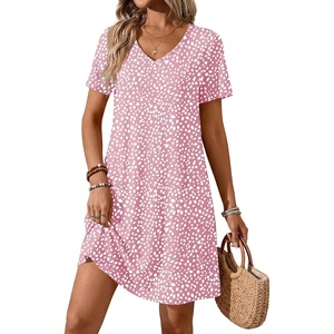 ATHMILE Dresses for Women 2026 V Neck Short Sleeve Casual T Shirt Dress Sundresses Swimsuit Coverup with Pockets(Pink Polka Dots)