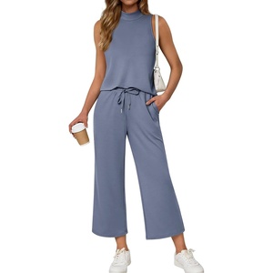 ATHMILE Two Piece Sets for Women Spring Summer Travel Airport Vacation Outfits Lounge V Neck Tops Drawstring Wide Leg Pants(Blue-1)