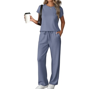 ATHMILE Womens 2 Piece Lounge Set Fashion Travel Outfits Summer Beach Vacation Tracksuit Comfy Wide Leg Airport Loungewear(Z-blue)