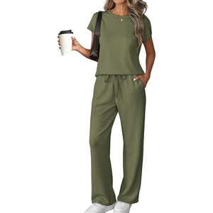 ATHMILE Womens 2 Piece Lounge Set Fashion Travel Outfits Summer Beach Vacation Tracksuit Comfy Wide Leg Airport Loungewear(Z-green)