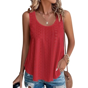 ATHMILE Womens Tank Tops Sleeveless Eyelet Embroidery Scoop Neck Loose Fit Casual Summer Flowy Beach Red