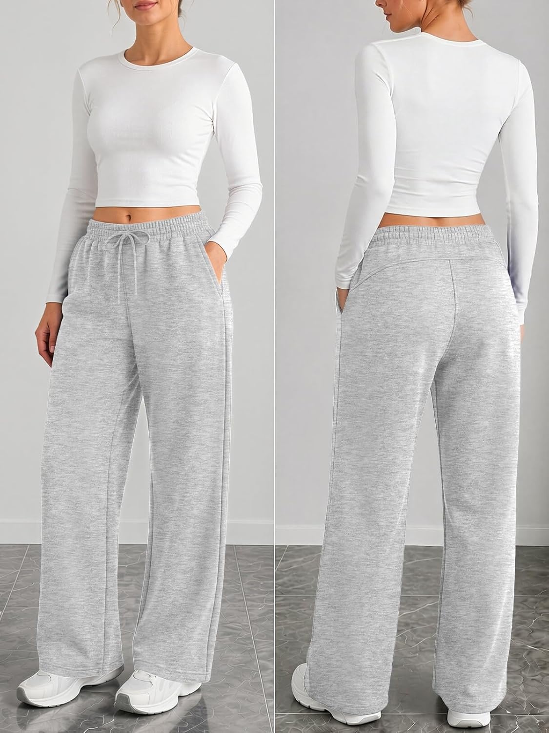 image:imageATHMILE Cotton Fleece Lined Sweatpants Women Straight Leg Casual Lounge Pants with Pockets Winter Warm Fall Clothes 2026Grey