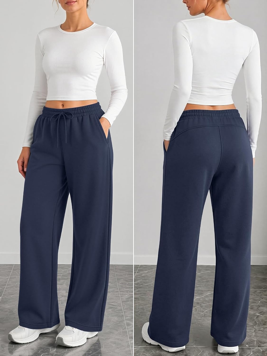 image:imageATHMILE Cotton Fleece Lined Sweatpants Women Straight Leg Casual Lounge Pants with Pockets Winter Warm Fall Clothes 2026Navy