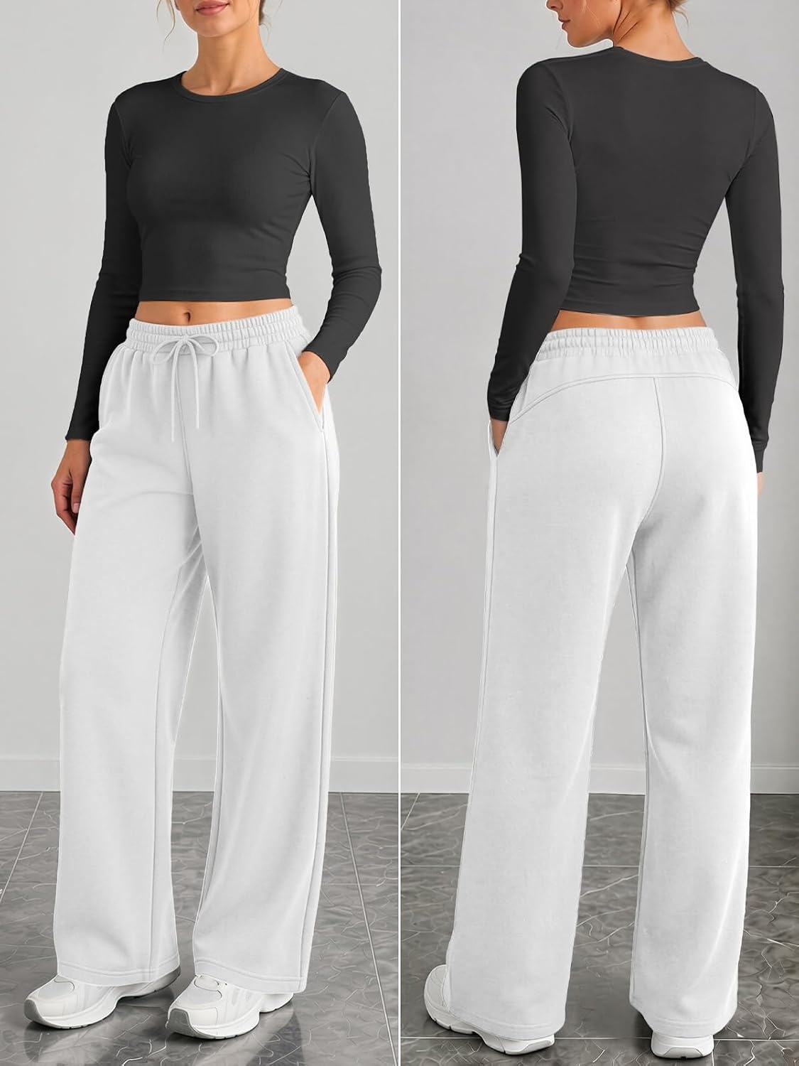 image:imageATHMILE Cotton Fleece Lined Sweatpants Women Straight Leg Casual Lounge Pants with Pockets Winter Warm Fall Clothes 2026White