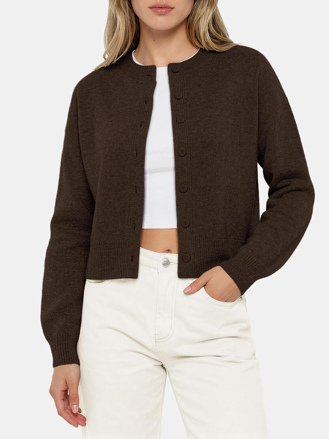 image:imageATHMILE Cropped Cardigan Sweaters for Women Lightweight Crop Knit Y2k Fall Spring Outfits Fashion Clothes 2026Brown