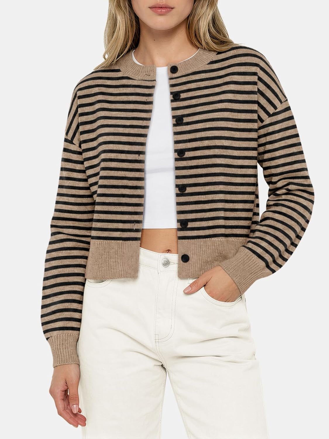 image:imageATHMILE Cropped Cardigan Sweaters for Women Lightweight Crop Knit Y2k Fall Spring Outfits Fashion Clothes 2026Khaki Black Stripes