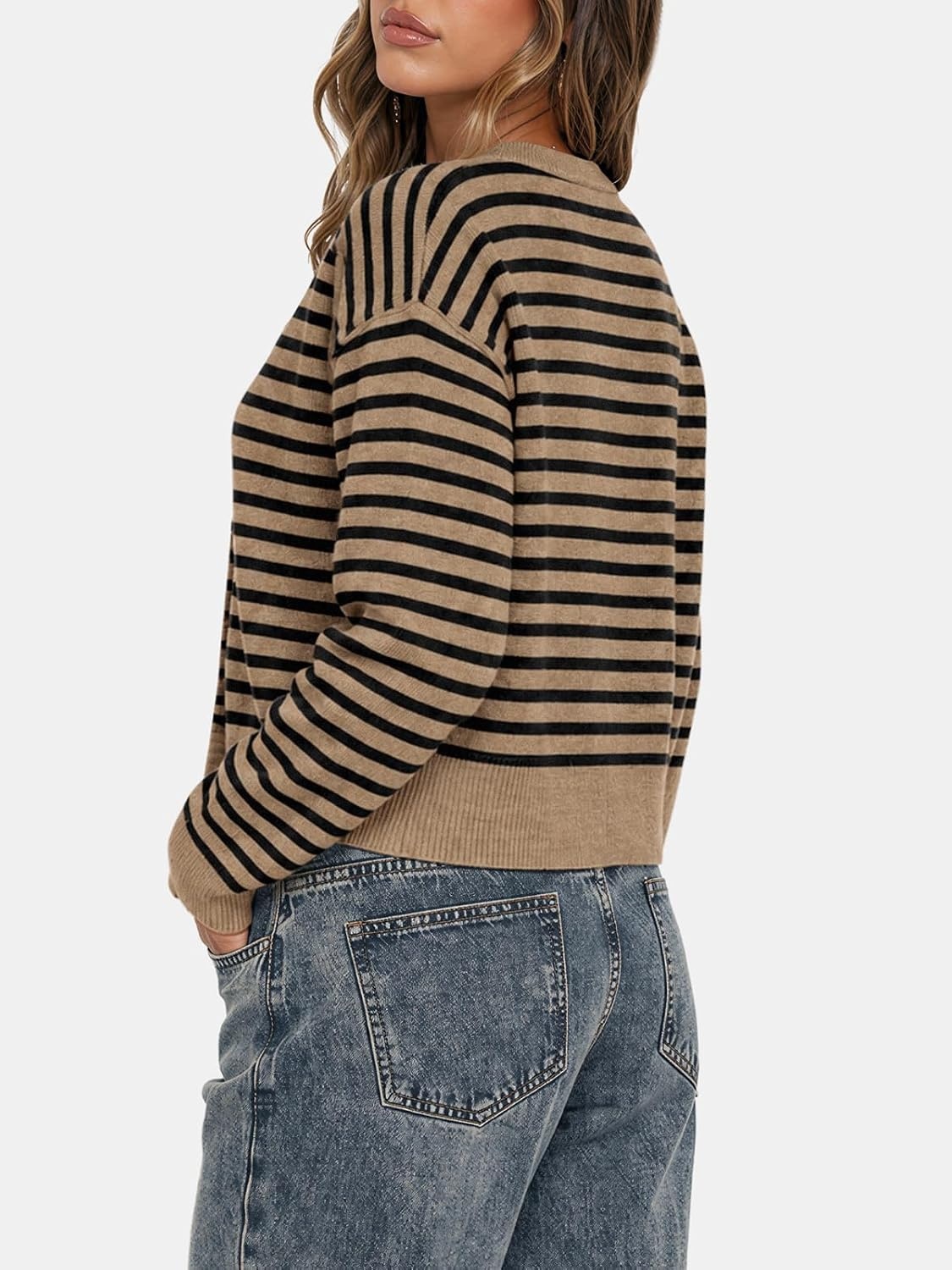 image:imageATHMILE Cropped Cardigan Sweaters for Women Lightweight Crop Knit Y2k Fall Spring Outfits Fashion Clothes 2026Khaki Black Stripes