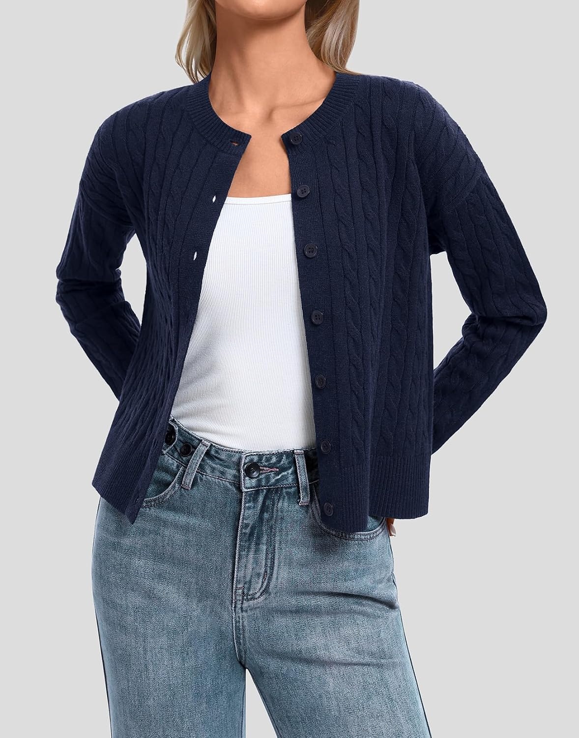 image:imageATHMILE Cropped Cardigan Sweaters for Women Lightweight Crop Knit Y2k Fall Spring Outfits Fashion Clothes 2026Mnavy