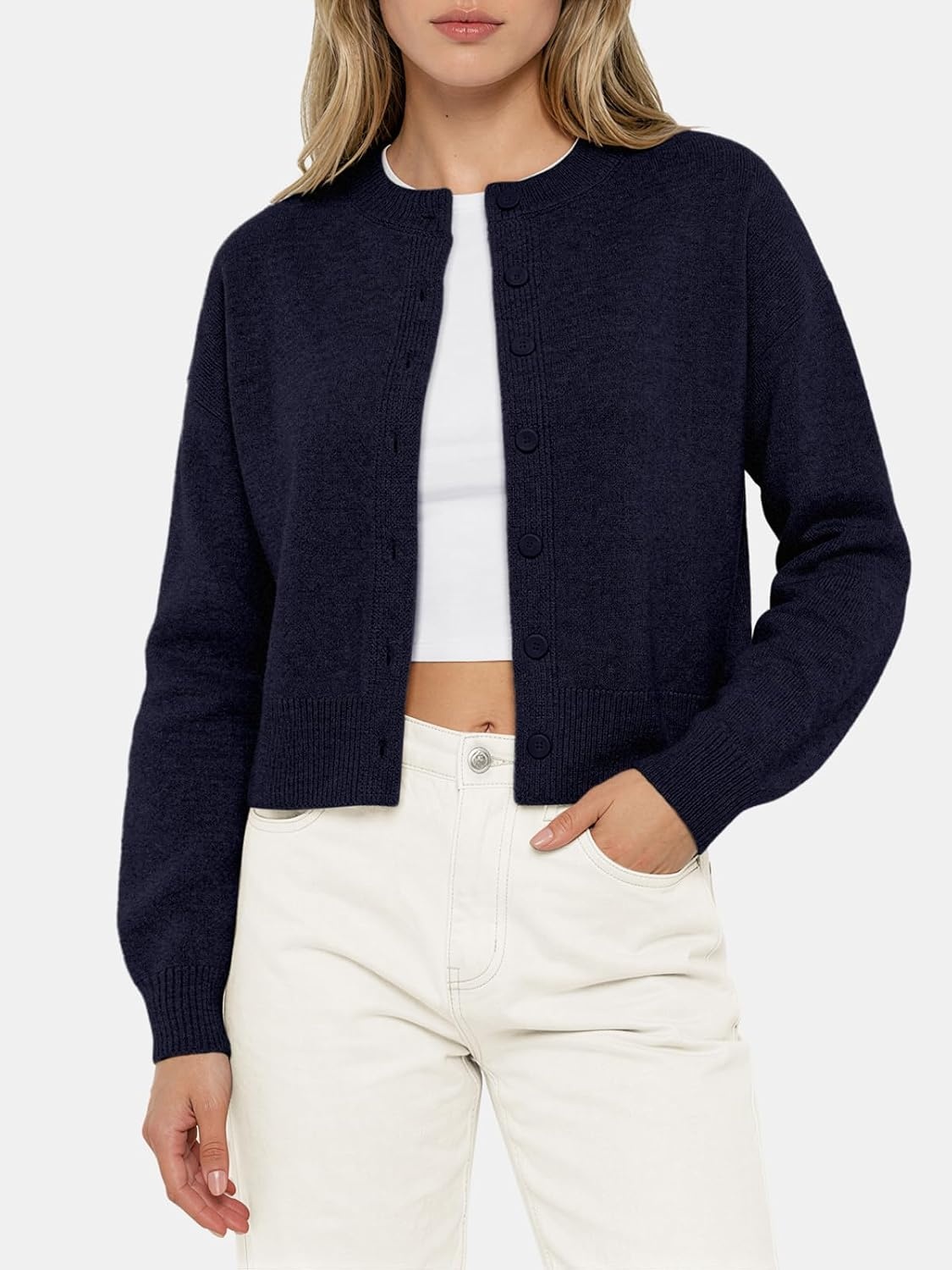 image:imageATHMILE Cropped Cardigan Sweaters for Women Lightweight Crop Knit Y2k Fall Spring Outfits Fashion Clothes 2026Navy Blue