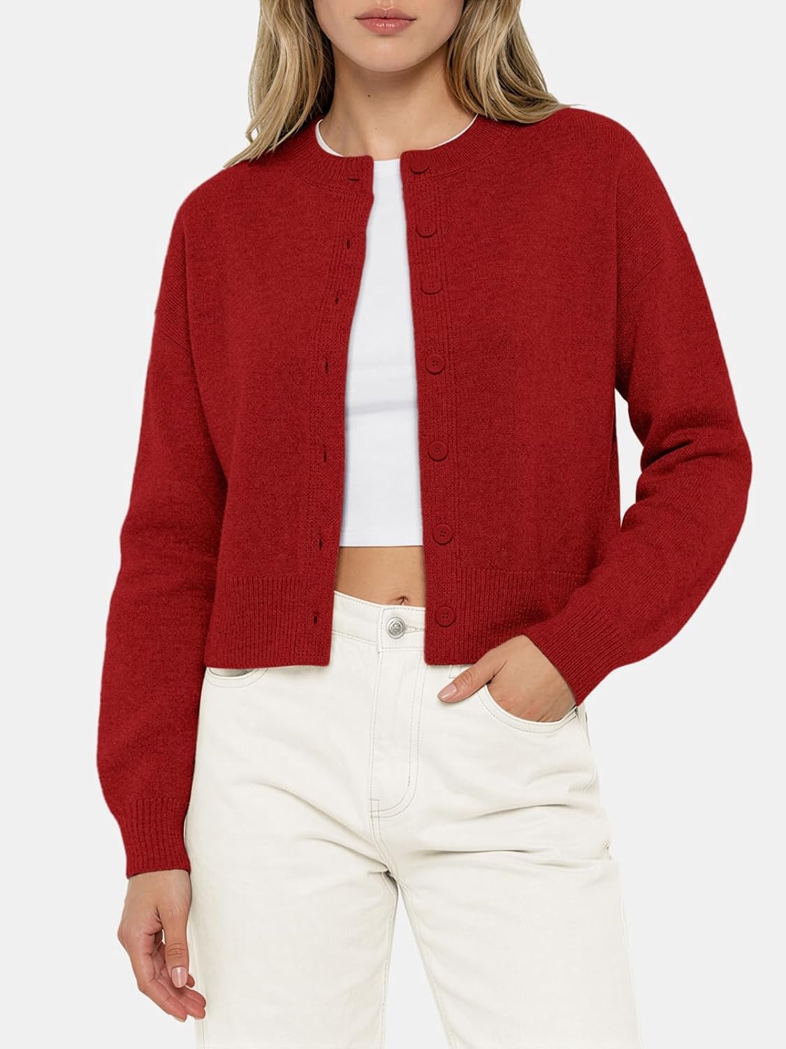 image:imageATHMILE Cropped Cardigan Sweaters for Women Lightweight Crop Knit Y2k Fall Spring Outfits Fashion Clothes 2026Red