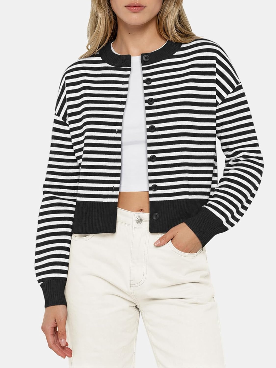 image:imageATHMILE Cropped Cardigan Sweaters for Women Lightweight Crop Knit Y2k Fall Spring Outfits Fashion Clothes 2026White Black Stripes