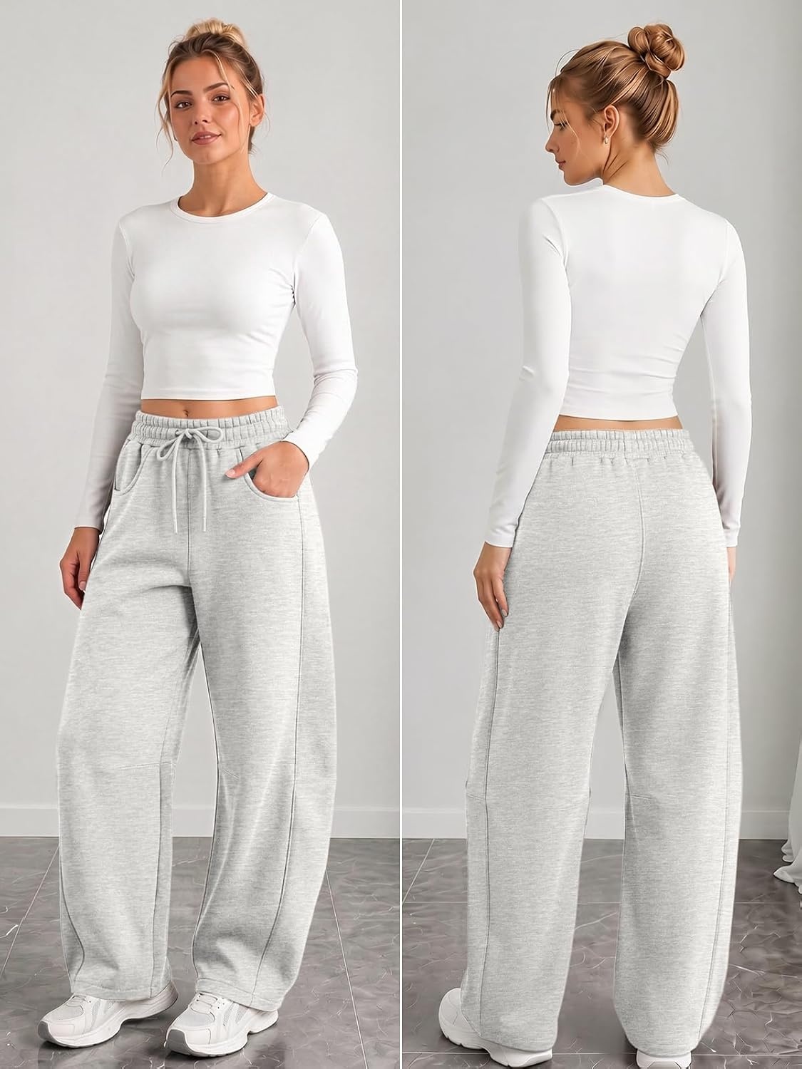 image:imageATHMILE Fleece Barrel Sweatpants Women 2026 Fashion Baggy Lounge Comfy Flowy Sweatpants with Pockets Fall OutfitHeather White