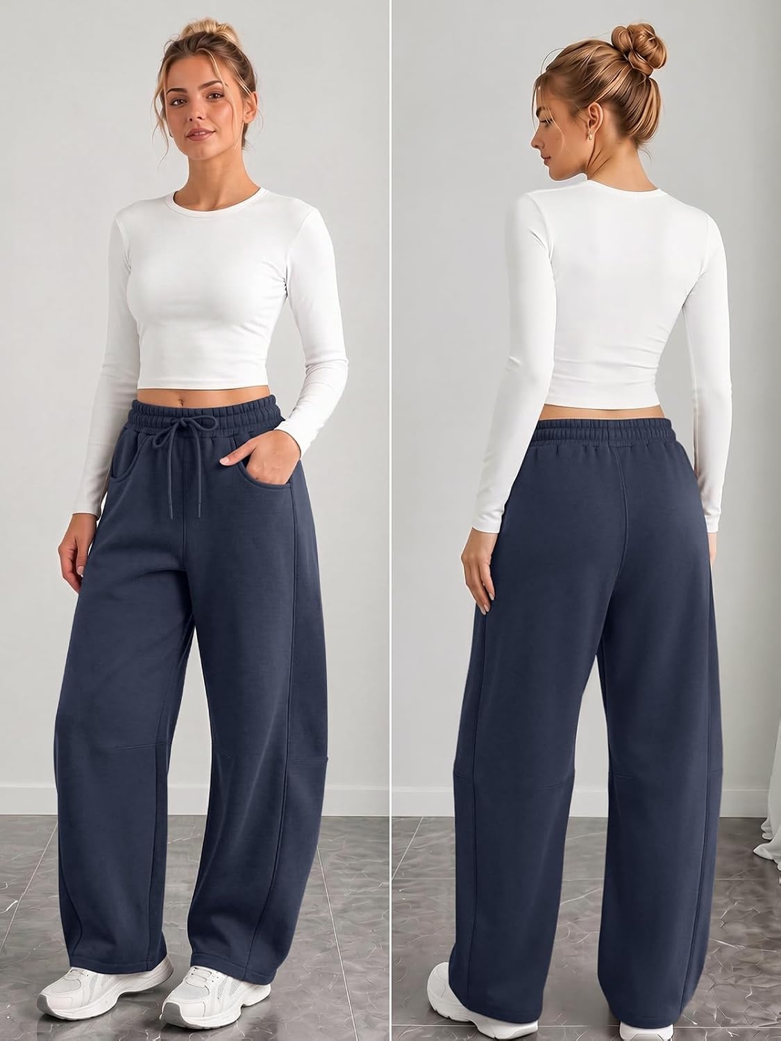 image:imageATHMILE Fleece Barrel Sweatpants Women 2026 Fashion Baggy Lounge Comfy Flowy Sweatpants with Pockets Fall OutfitNavy