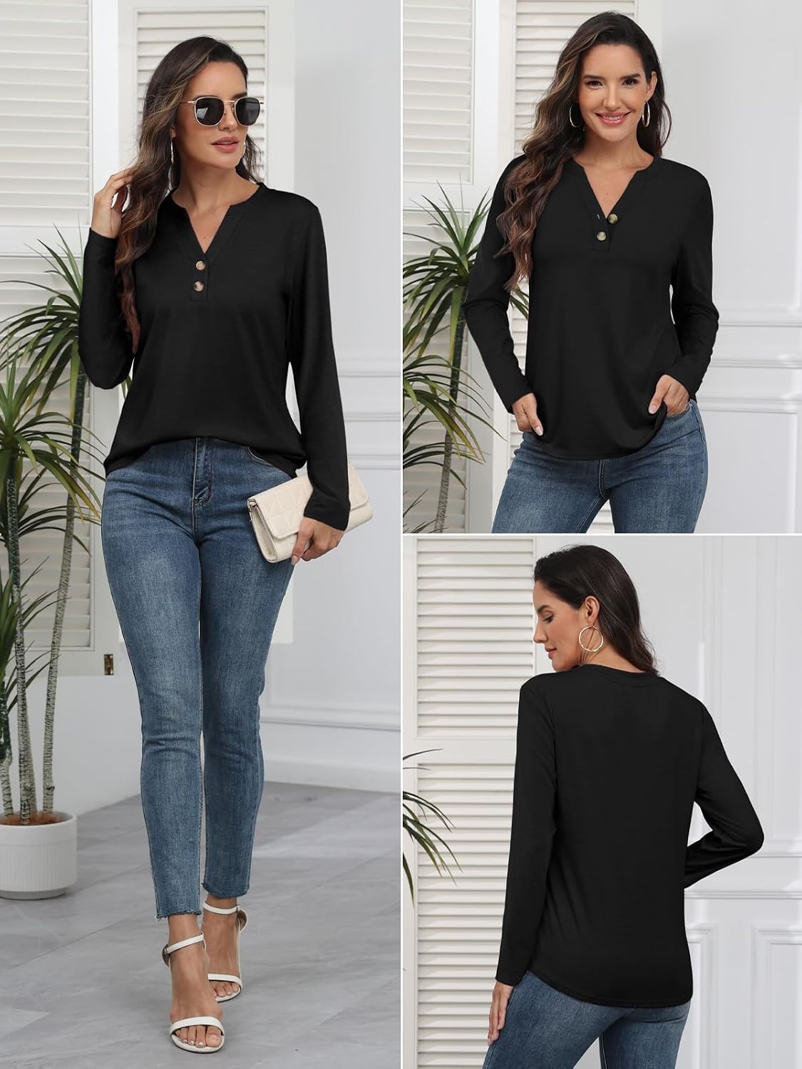 image:imageATHMILE Long Sleeve Shirts for Women 2026 Fall Outfits Henley Dressy Casual Tops Trendy Blouses Cute TShirts Fashion ClothesBlack
