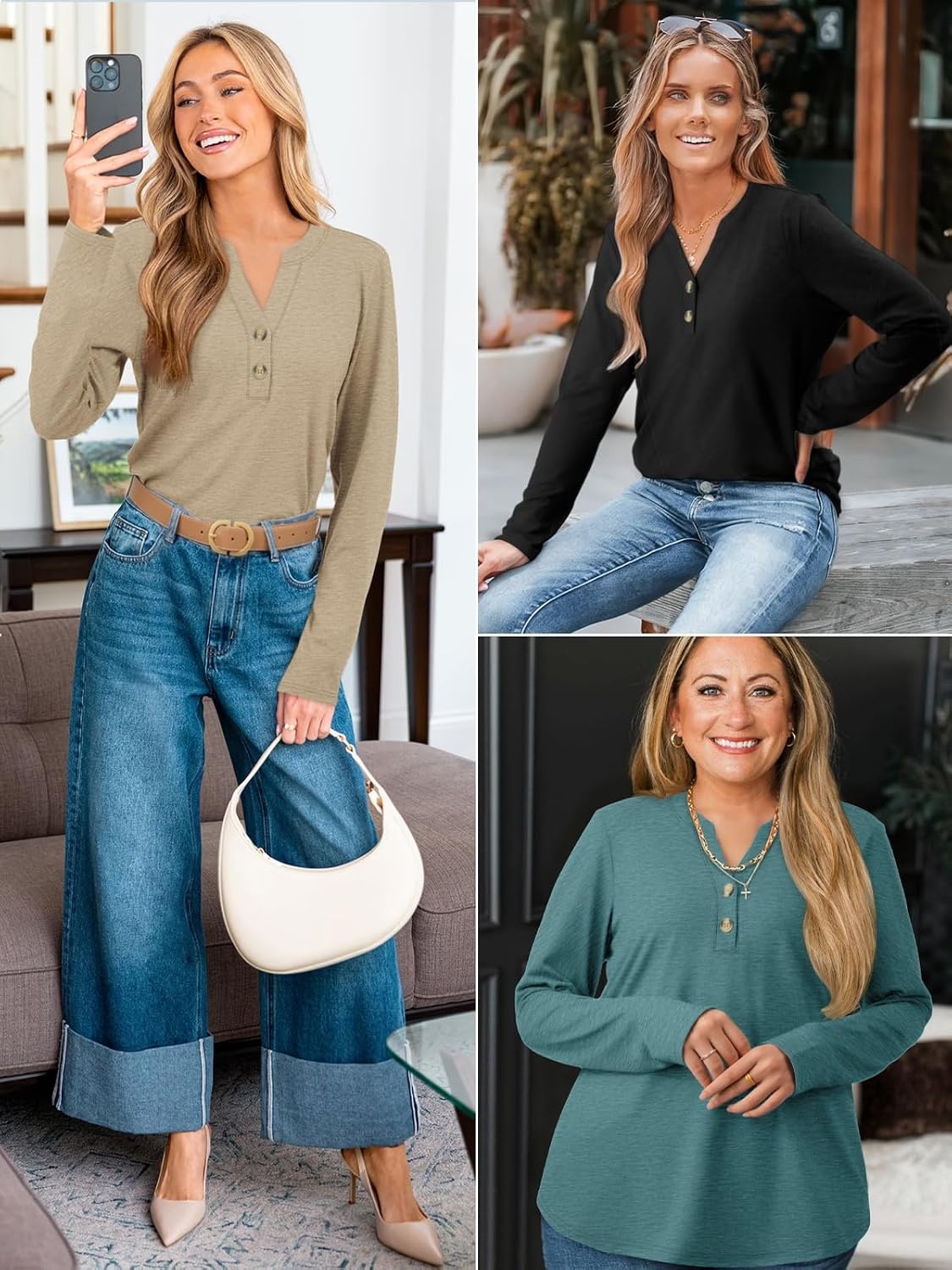 image:imageATHMILE Long Sleeve Shirts for Women 2026 Fall Outfits Henley Dressy Casual Tops Trendy Blouses Cute TShirts Fashion ClothesBlack
