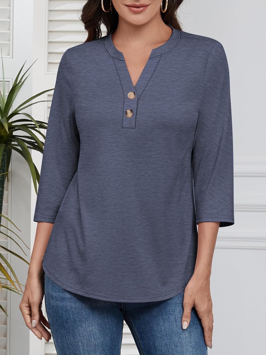 image:imageATHMILE Long Sleeve Shirts for Women 2026 Fall Outfits Henley Dressy Casual Tops Trendy Blouses Cute TShirts Fashion ClothesHalfnavy Blue