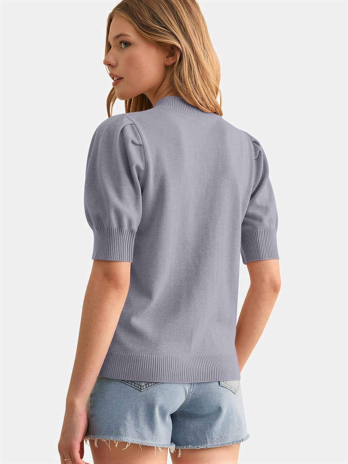 image:imageATHMILE Short Sleeve Sweater for Women 2026 Spring Summer Blouses Crewneck Knit Puff Sleeve Dressy Casual Trendy ShirtsAgray Blue