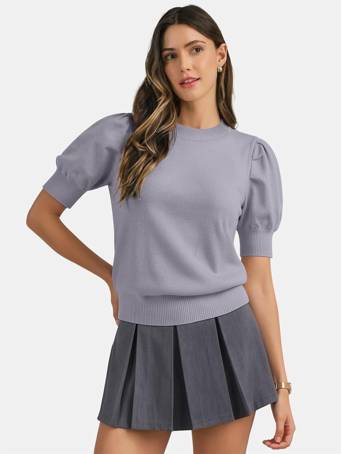 image:imageATHMILE Short Sleeve Sweater for Women 2026 Spring Summer Blouses Crewneck Knit Puff Sleeve Dressy Casual Trendy ShirtsAgray Blue
