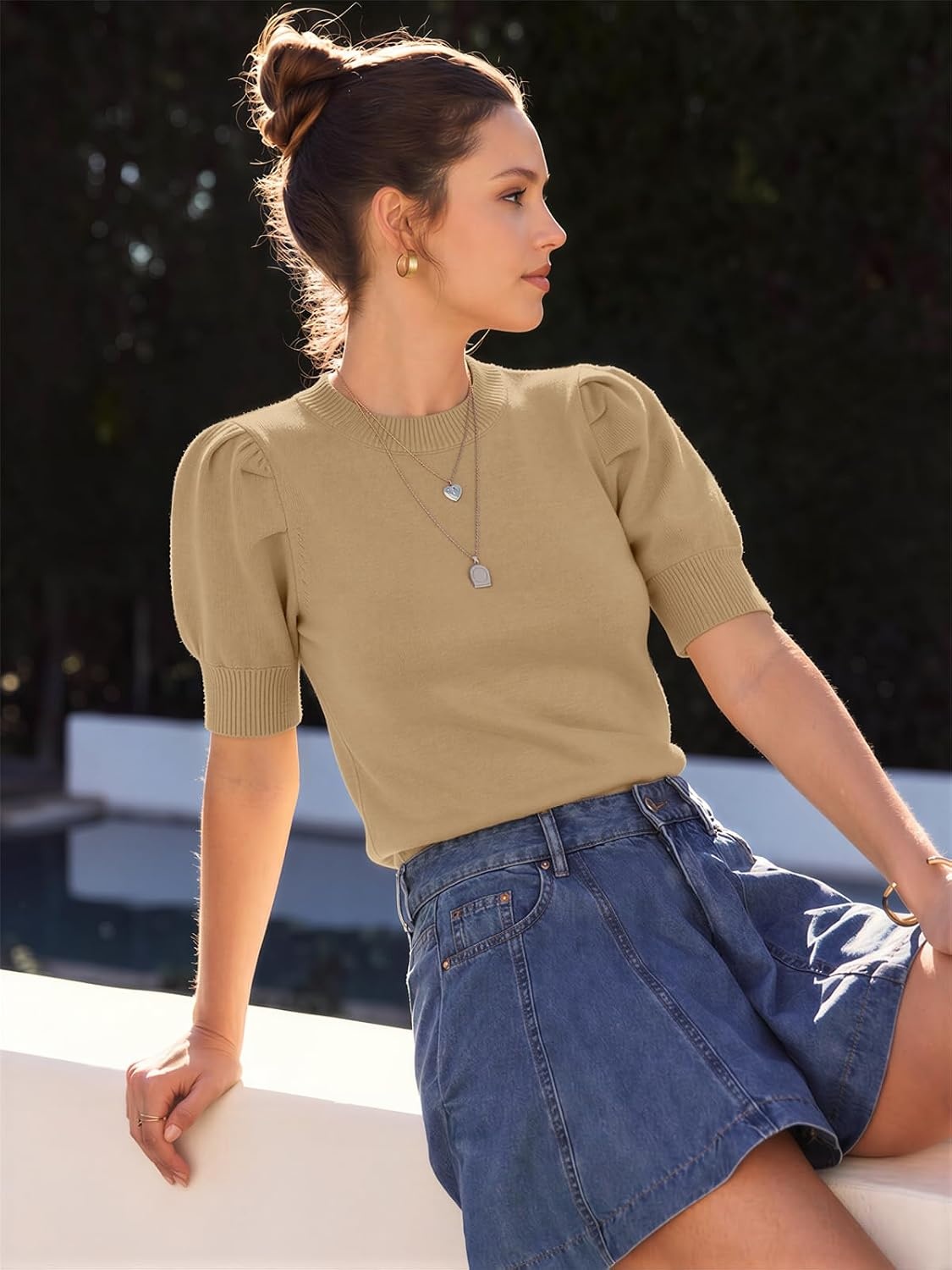 image:imageATHMILE Short Sleeve Sweater for Women 2026 Spring Summer Blouses Crewneck Knit Puff Sleeve Dressy Casual Trendy ShirtsAkhaki