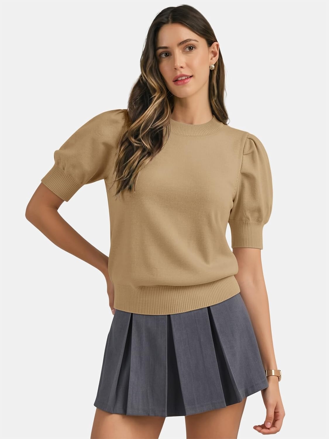 image:imageATHMILE Short Sleeve Sweater for Women 2026 Spring Summer Blouses Crewneck Knit Puff Sleeve Dressy Casual Trendy ShirtsAkhaki