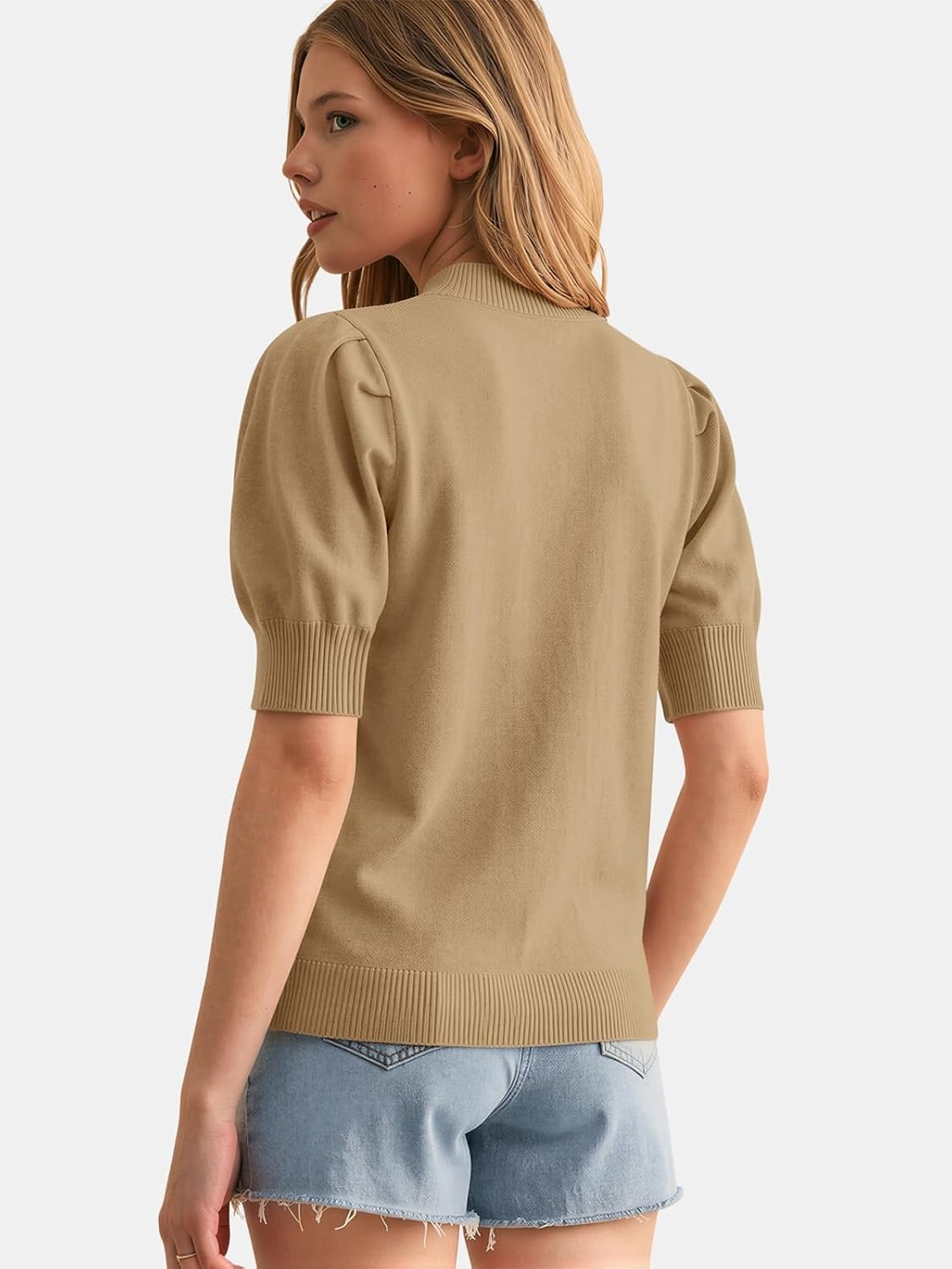 image:imageATHMILE Short Sleeve Sweater for Women 2026 Spring Summer Blouses Crewneck Knit Puff Sleeve Dressy Casual Trendy ShirtsAkhaki